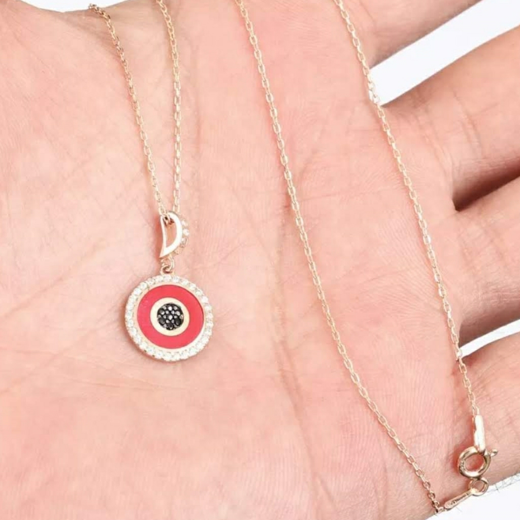 Evil Eye Protection Red Enamel Gold Necklace